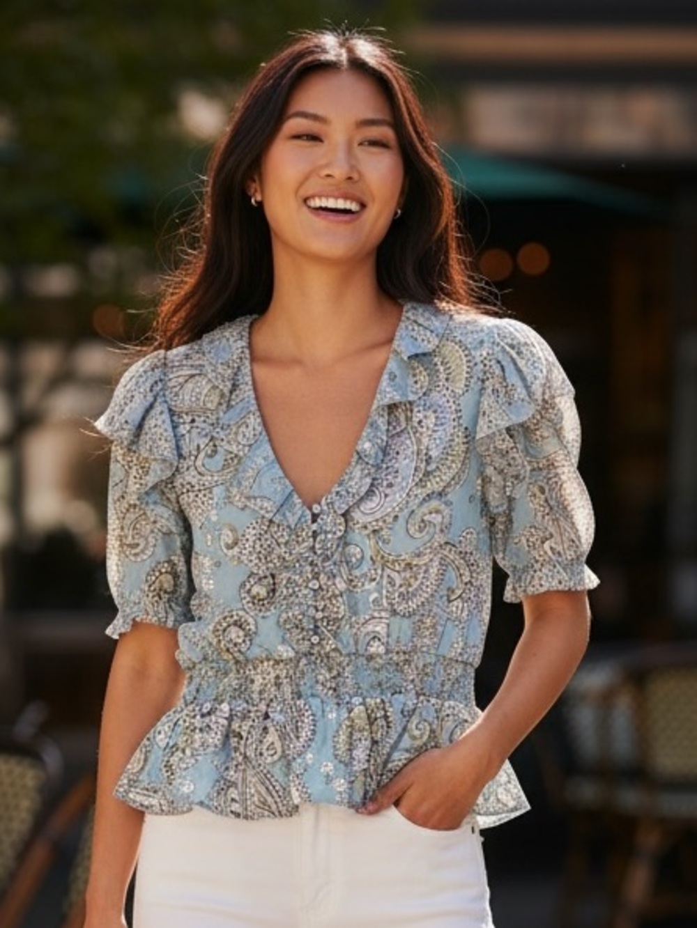 Parker Silk Paisley Ruffle Blouse NWOT